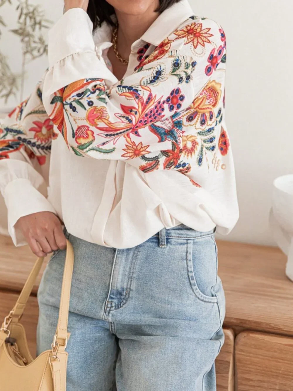 White Casual Women's Floral Print Regular Drop Shoulder Long Sleeve Shirt - Picture 5 of 10